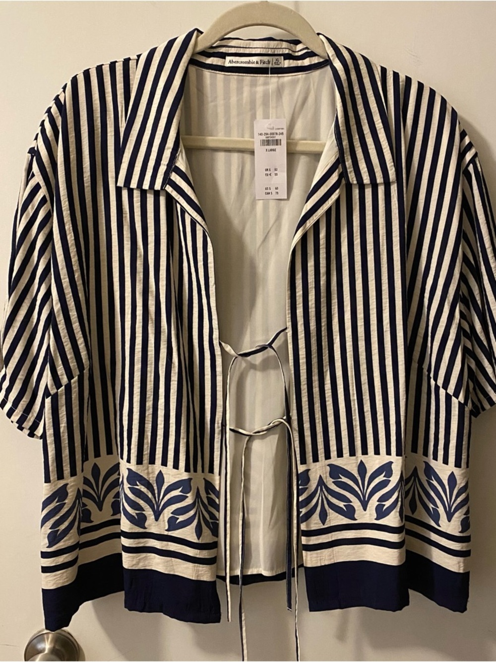 Abercrombie & Fitch Navy and White Striped Tie-Front Shirt